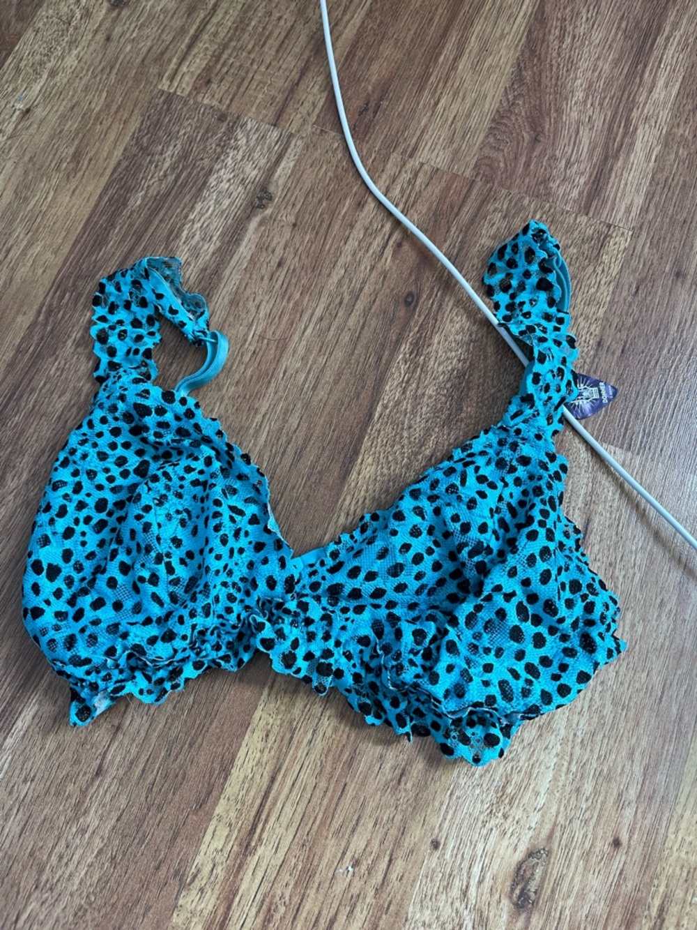 Teal Blue Black Leopard Print Ruffled Bra